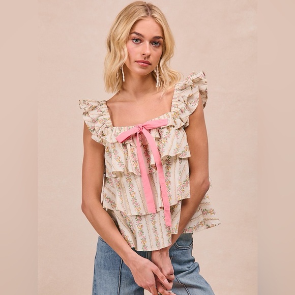 💗BiBi Floral Printed Woven Front Bow Tied Ruffled Square Neck Sleeveless Top - Picture 5 of 12